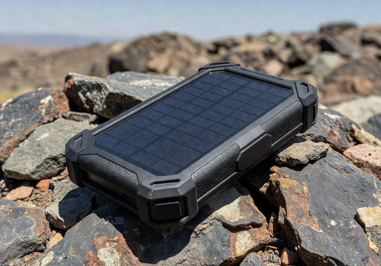 Rugged Solar Power Bank on rocks outdoors