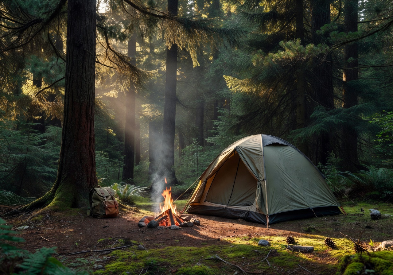 Tent camping in forest